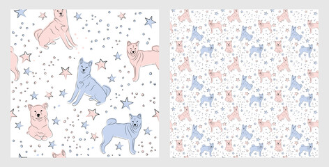 Pattern design with funny Shiba Inu dogs doodles, sketch style, seamless pattern.  textile, wrapping paper, blue background graphic design. Wallpaper for Babies and kids. Blue and Pink linen style.
