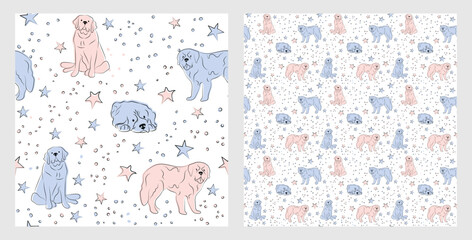 Pattern design with funny St Bernard dogs doodles, sketch style, seamless pattern.  textile, wrapping paper, blue background graphic design. Wallpaper for Babies and kids. Blue and Pink linen style.