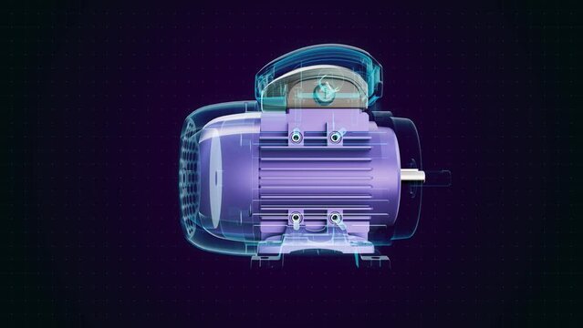An electric motor with internals x-ray blue, transparent, isolated on a black and blue background. Looping 4K video. 3D visualization