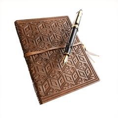 Old notepad with a pen on a white background. 3D visualization