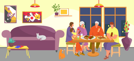 Family eat meal at home, vector illustration. Happy dinner with people, mother, father, daughter, grandparents sitting at table together.
