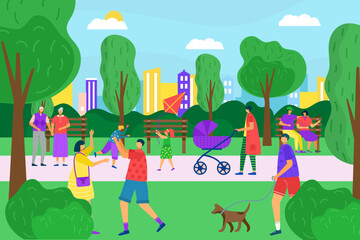 Summer park with walking family people, vector illustration. Man woman character walk outdoor at cartoon city park nature. Couple with kid have fun