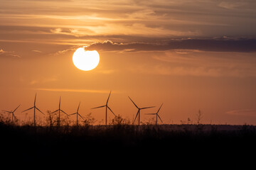 Windmills in field in distance. Windmills against backdrop of setting sun with clouds in orange tones.