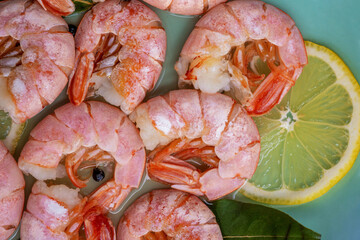 Sea shrimp juicy snack. Boiled fresh restaurant shrimp.