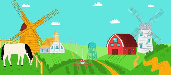 Summer farm landscape, agriculture field nature, vector illustration. Countryside background, farming house at cartoon village.