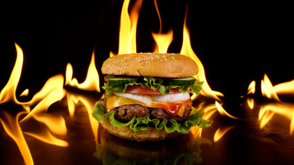 Delicious burger on the background of fire
