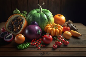Illustration about vegetables and fruits. Made by AI.