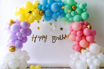 Birthday photo zone with colorful balloons. Decorations a child birthday party at home or in studio 