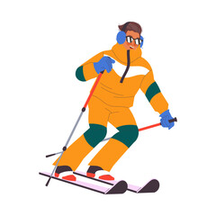 Happy Man Character in Earmuffs Skiing at Mountain Ski Resort in Winter Season Vector Illustration