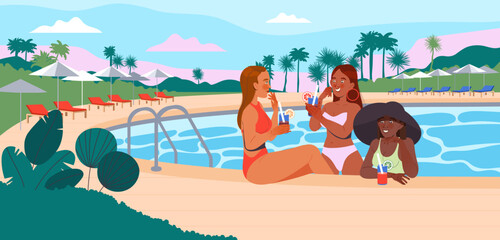 Group of Woman in Swimsuit at Open-air Swimming Pool Drinking Cocktails and Gossiping Enjoying Beach Resort Vector Illustration