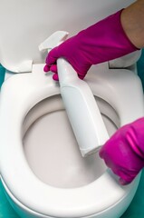 close-up of a hand spraying detergent on the toilet. toilet cleaning