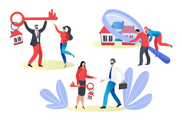 House property searching, buy real estate concept, vector illustration. Man woman couple character search home with realtor.