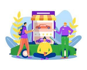 Car rental in smartphone, vector illustration. Man woman people character use phone for vehicle travel, carsharing service application.