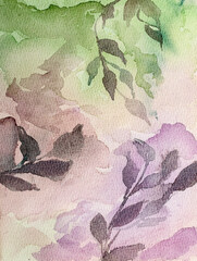 colorful watercolor background with delicate twigs and leaves. watercolor paper texture. Hand drawn botanical background. Wedding invitations.  holiday cards.