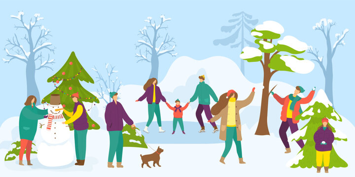 Winter, snow season activity outdoor, vector illustration. Man woman people character make snowman together, active holiday at cold park landscape.