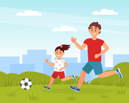 Dad playing soccer with his daughter. Parent and kid having good time outdoors cartoon vector