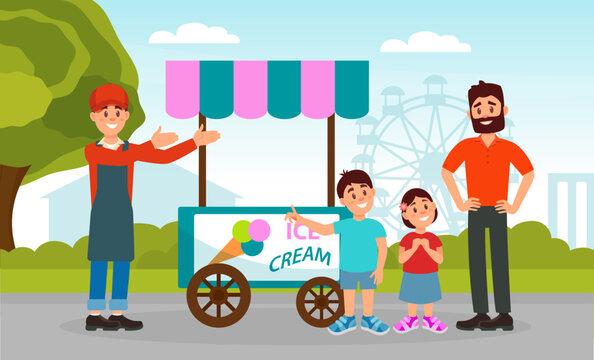Dad buying ice cream to his children in park. Parent and kid having good time outdoors cartoon vector