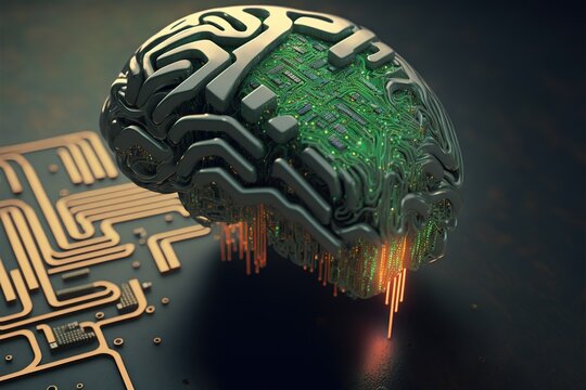 Illustration about the synthesis of human brain and computer. Made by AI.