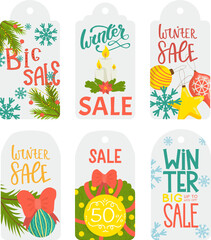christmas sale tag stickers , winter holiday label vector illustration isolated on white. New year and xmas season design paper card