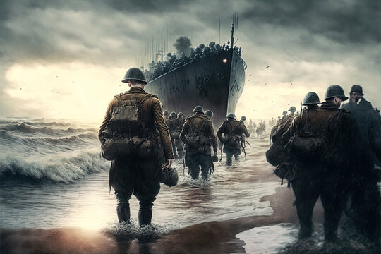 Aftermath of the WW2 battle of Normandy. Silhouettes of soldiers walking back to their war ship. World War 2 cinematic concept art illustration of armed forces after invasion walking on the beach.