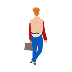Man Character with Briefcase in Blue Pants Standing Back View Vector Illustration