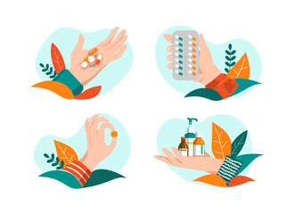Medical drugs in hand, health care concept vector illustration. Different medicine choice from man woman doctor character. Pharmacy medication