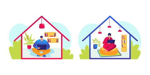 Work at home concept, vector illustration. People at cartoon house while coronavirus quarantine, online job at computer, laptop. Isolation workplace