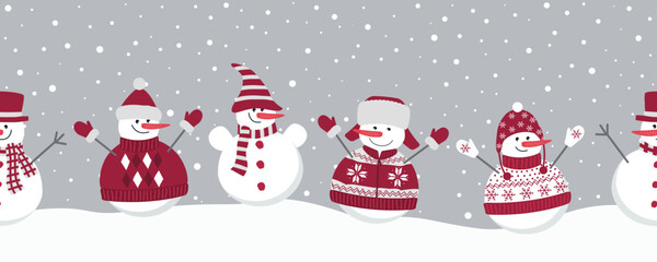 snowmen rejoice in winter holidays. Seamless border. Christmas background. Five different snowmen in red winter clothes under snow. Vector illustration