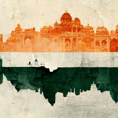 India republic day concept art. Painting, colorful, bright. Indian flag colors monument in Delhi