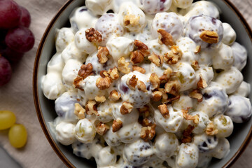 Healthy Creamy Grape Salad in a Bowl, top view. Flat lay, overhead, from above. Close-up.
