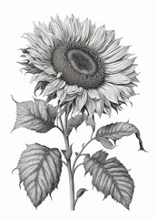 A sunflower drawing with leaves on its stem and a large sunflower in the top center, a digital illustration