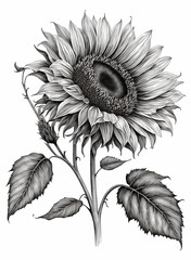 A sunflower drawing with leaves on its stem and a large sunflower in the top center, a digital illustration