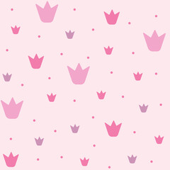 Seamless pattern with doodle crowns. Romantic cute baby print. Little princess design. Pink wallpaper for baby girl. Pink background.