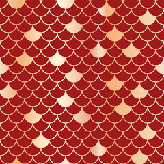 Traditional geometric asian gold fishscale ornament on red background. Vector seamless pattern. Best for textile, home decor, wallpapers, wrapping paper, package and web design. © maksin_priestess