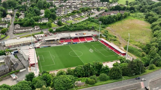 Aerial video of 3G Stadium pitch at Larne FC Club County Antrim Northern Ireland