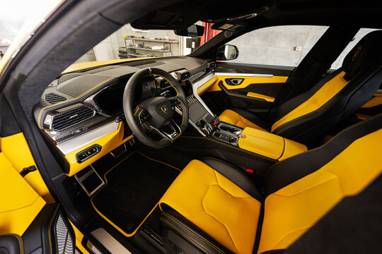 Ternopil, Ukraine- November 11, 2022:  Car interior of yellow Lamborghini Urus.