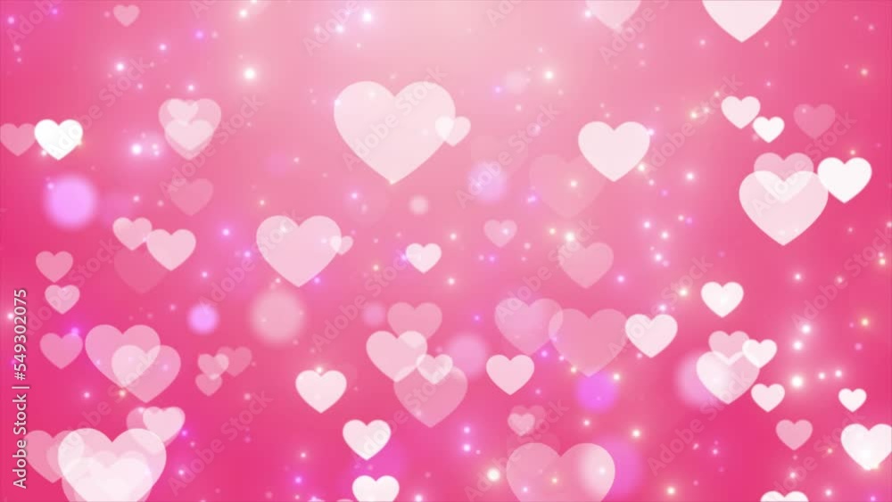 Poster white heart and magic particle flying on pink background. shining heart animation and glitter magic 