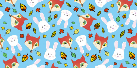 Cartoon pattern with cute fox and rabbits, fairy tail characters  with falling leaves. Print Design Textile for Kids Fashion. Print for textile, wrapper, postcard. 