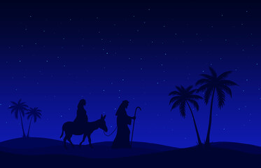Christmas Nativity Scene. Joseph and Mary journey in the desert. Greeting card banner background. 