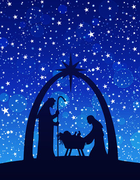 Chritmas Nativity Scene on blue starry background. Greeting card background.