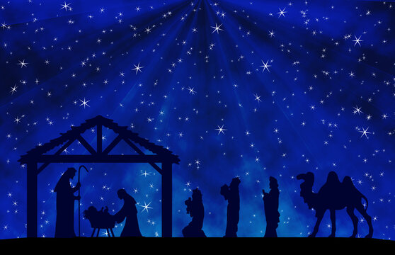 Christmas Nativity Scene. The adoration of Three Wise Men in the night. Greeting card banner background.