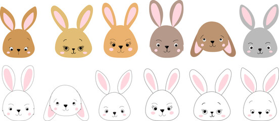 rabbits portrait set in flat style, isolated vector