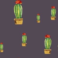 Cactus green flower dark pattern large watercolor