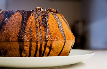 Homemade Cake with Chocolate Sauce. Side view of chocolate cake. Close up, selective focus.