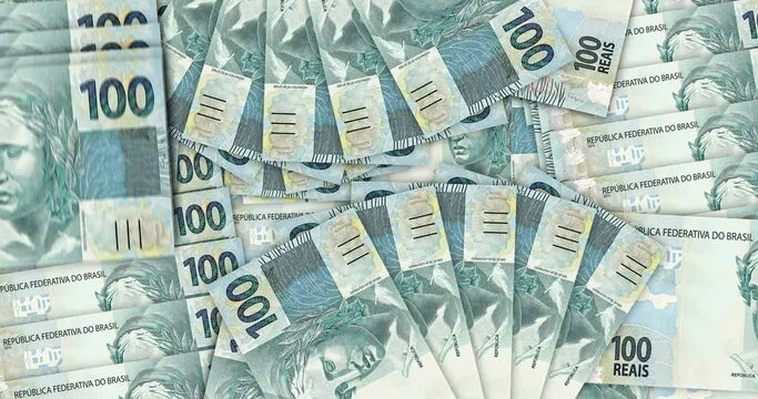 Brazilian Real banknotes in a cash fan mosaic pattern loop. Brazil 100 BRL notes. Abstract concept of bank, finance, economy seamless and looped decorative design background. 