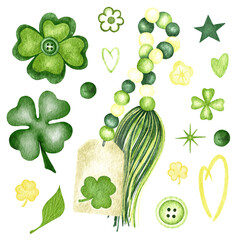 St. Patrick's Day watercolor set with green leafes, ivy, clover. Holiday illustration and watercolor clover leaf