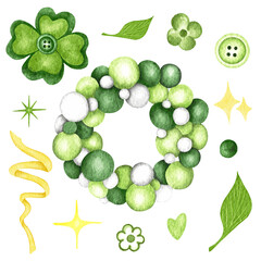 St. Patrick's Day watercolor set with green leafes, ivy, clover. Holiday illustration and watercolor clover leaf