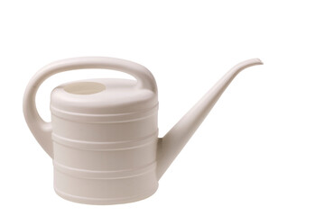 Close up view of white watering can for watering flowers isolated on white background.