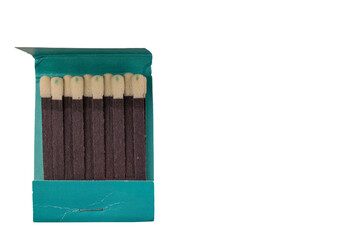 Close up view of matches in cardboard green pack on white background isolated.