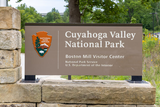 Cuyahoga Valley national park sign at Bost Mills visit center, Ohio.